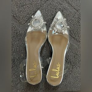 Lulus Glamma Silver and Clear Rhinestone Slingback Pumps 6.5